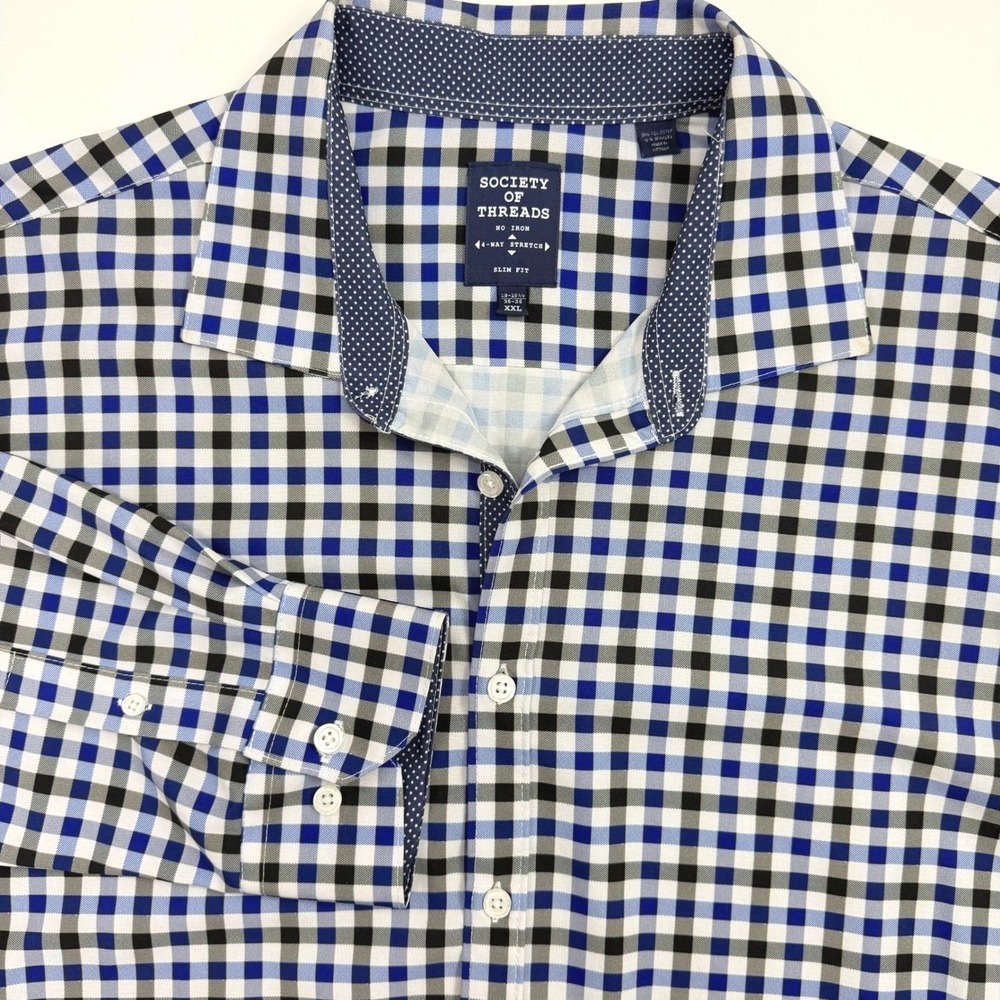 Society of Threads Dress Shirt Mens XXL Blue Gingham No Iron Slim Fit Stretch